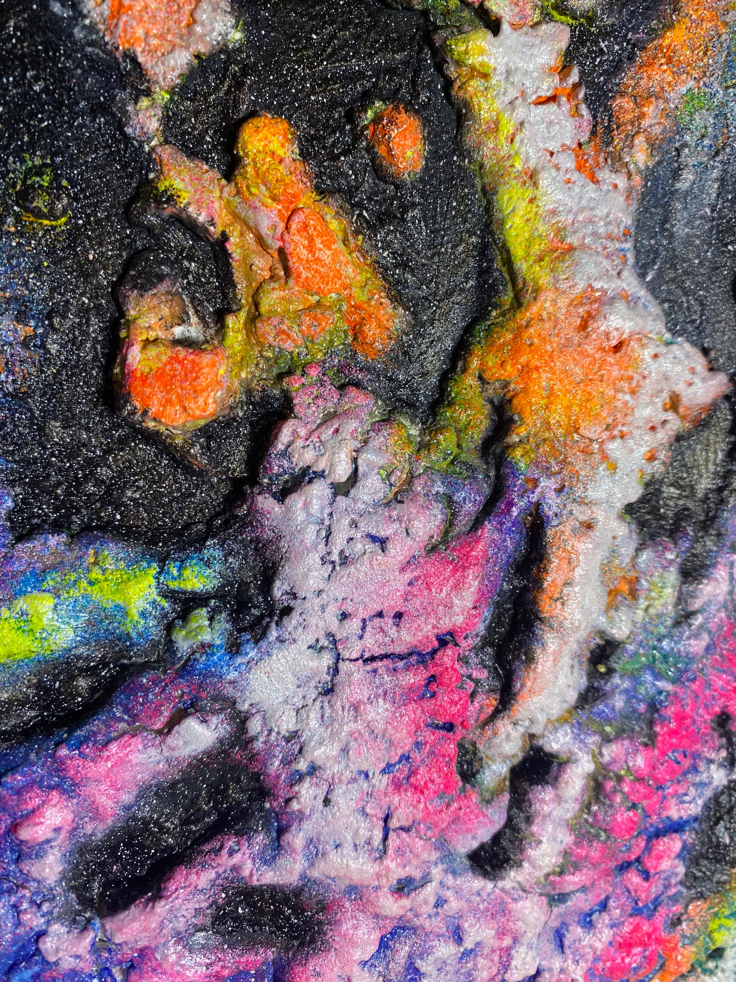 Melting Galaxy neon painting by Melted Glam – vibrant textured 3D artwork in neon pink, orange, green, and blue with cosmic galaxy patterns. Zoomed in
