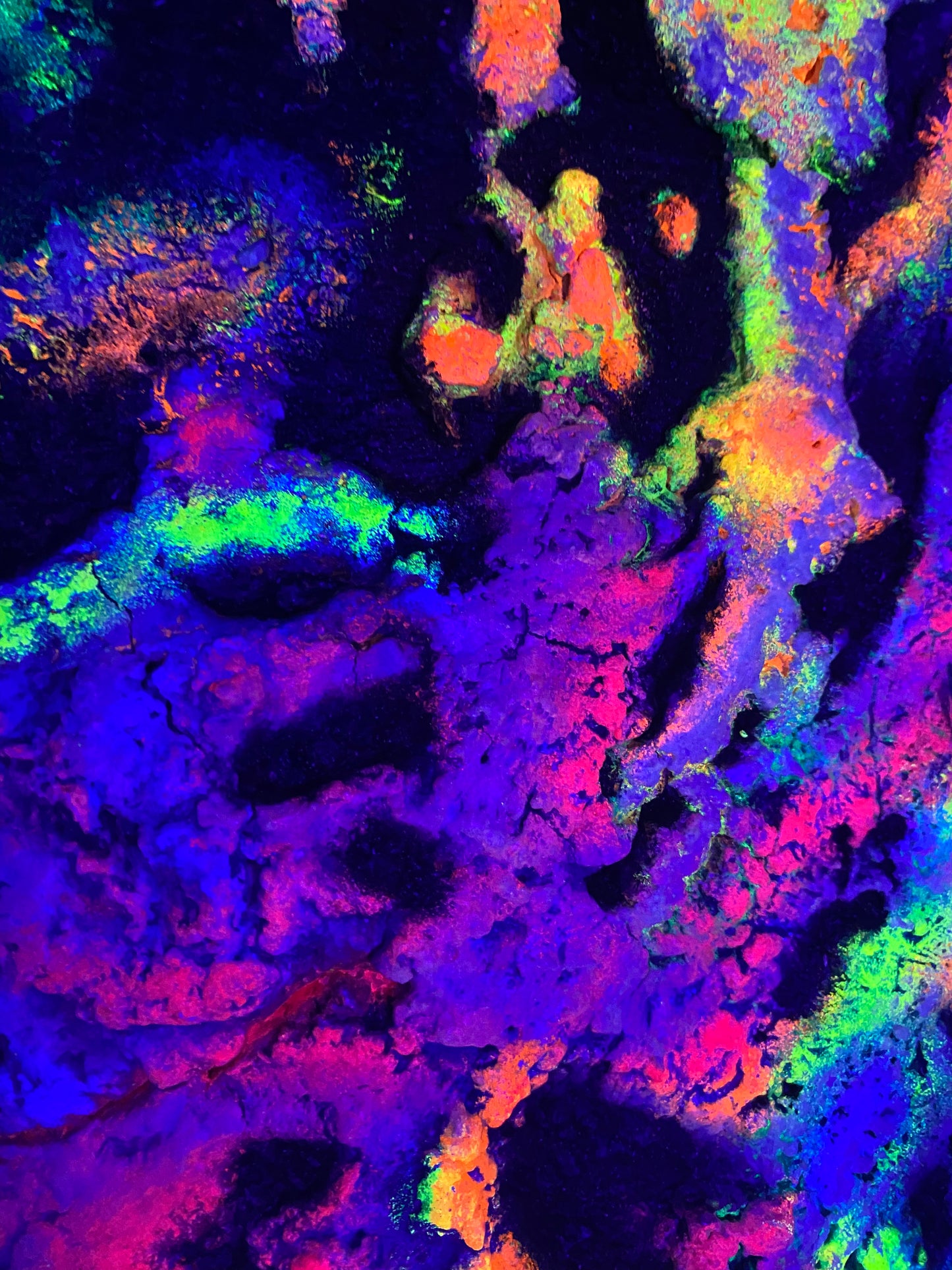 UV/Blacklight Image (second photo):**
“UV active Melting Galaxy neon painting glowing under blacklight – psychedelic 3D cosmic wall art with radiant neon colors by Melted Glam. Glow Sneak peek .