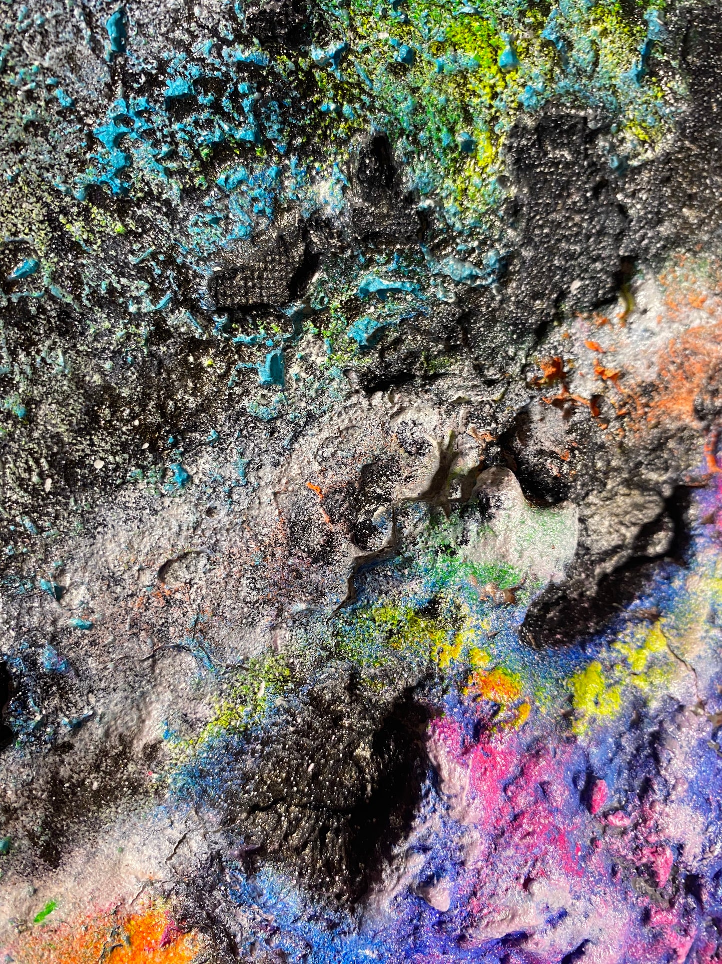 Close Up -Melting Galaxy neon painting by Melted Glam – vibrant textured 3D artwork in neon pink, orange, green, and blue with cosmic galaxy patterns.