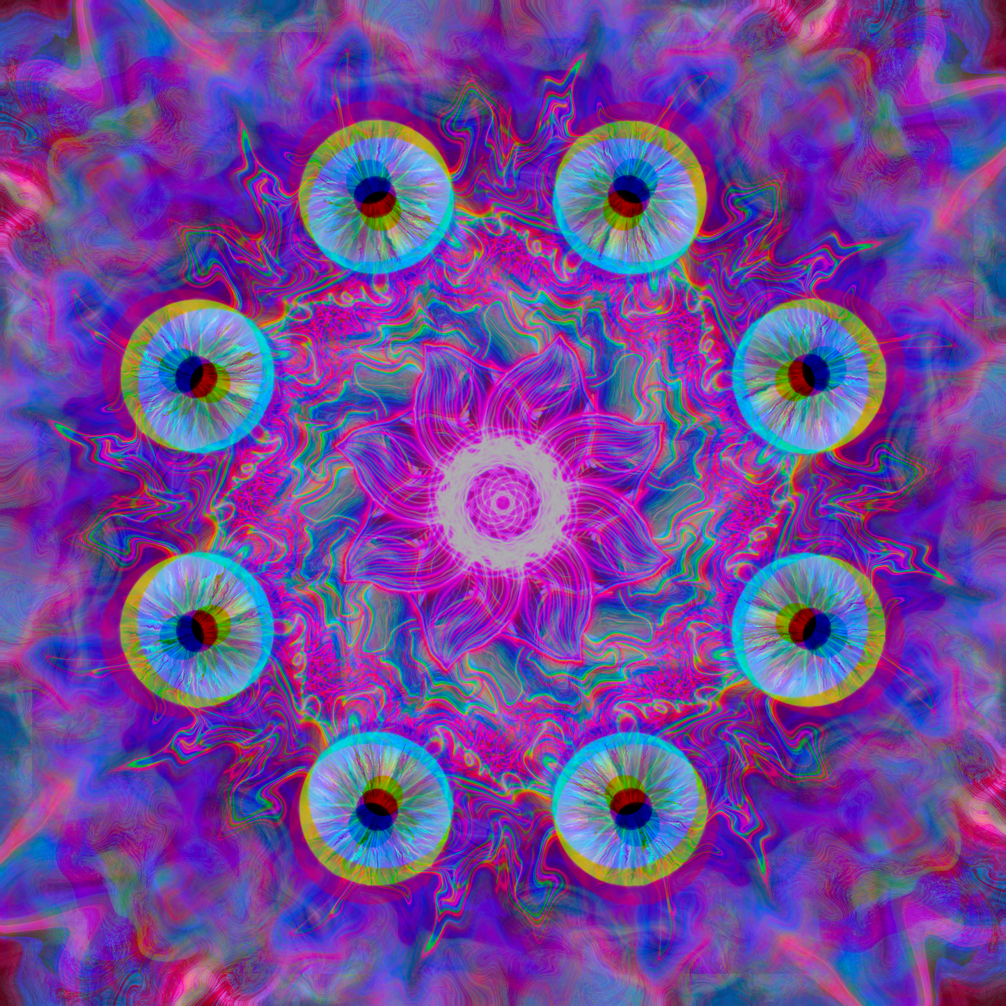 "Flower of Eyes" by Melted Glam – psychedelic digital artwork inspired by the Flower of Life and third eye awakening, featuring a neon pinkfuturistic glowing flower at the center surrounded by kaleidoscope mandala eyes in vibrant purple, pink, and blue. Visionary festival art.