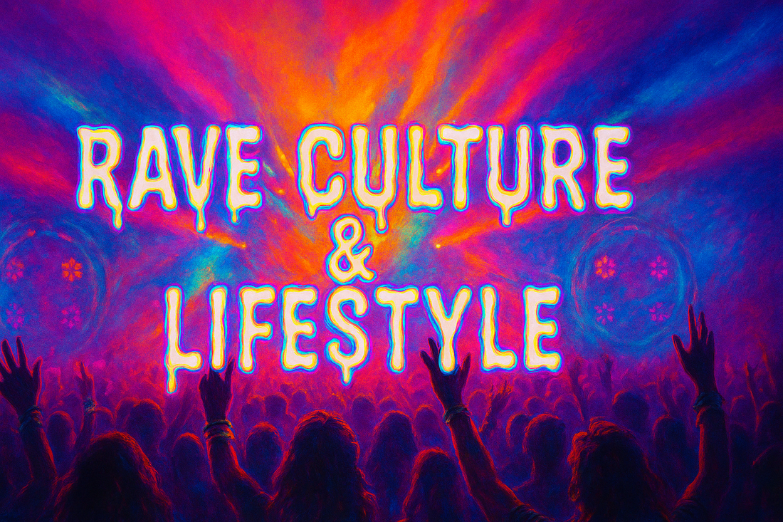 Colorful rave banner with the words RAVE CULTURE & LIFESTYLE in bold, dripping letters over a vibrant crowd dancing under neon lights and psychedelic beams.