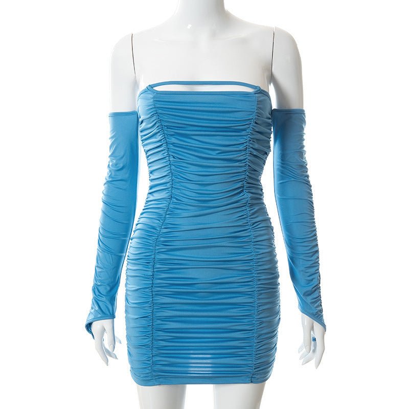 Pure Color Hollow Shoulder Back Pleated Short Dress -Dress- Melted Glam LLC