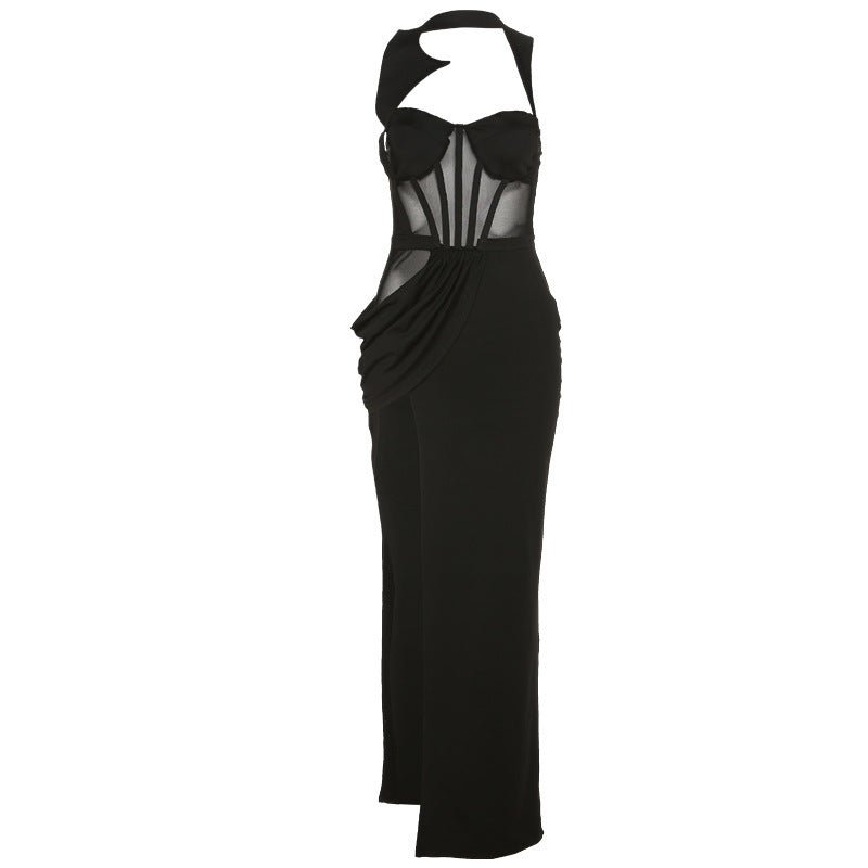 Back Mesh Pierced Air Quality Temperament Slit Dress -Dress- Melted Glam LLC