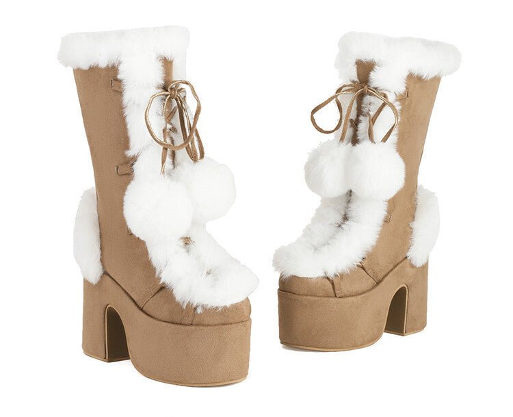 Women's Mid-Calf Chunky Heel Furry Boots – Suede Platform Winter Boots -Women's Shoes- Melted Glam LLC