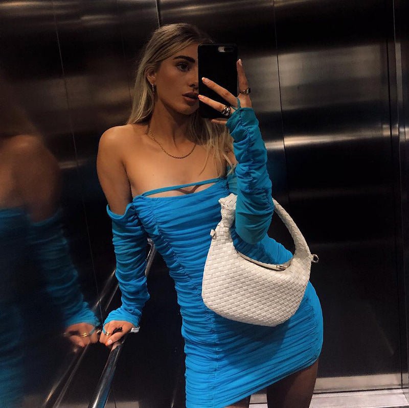 Pure Color Hollow Shoulder Back Pleated Short Dress -Dress- Melted Glam LLC