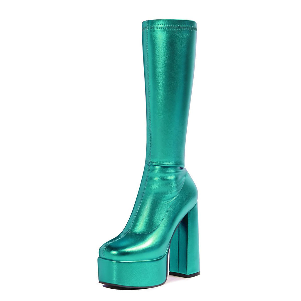Women's Sexy Stretch High Heel Platform Boots – Chunky Heel Slip-On Thigh High Boots -Women's Shoes- Melted Glam LLC