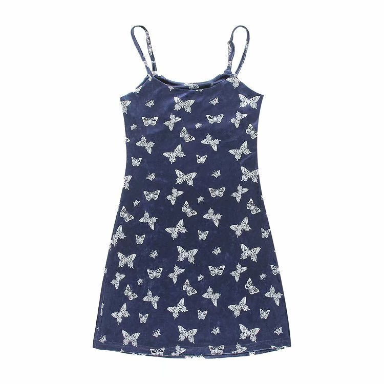 Street Girl Butterfly Print Retro Velvet Slim Suspender Dress Skirt -Dress- Melted Glam LLC