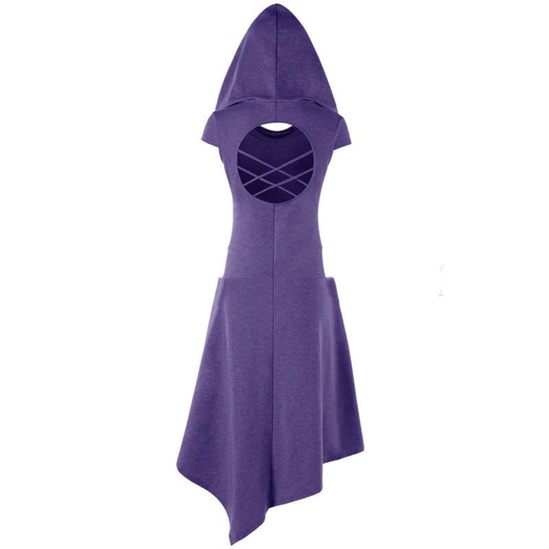 Back Hollow-out Underleg Asymmetric Hooded Midi Dress -Dress- Melted Glam LLC