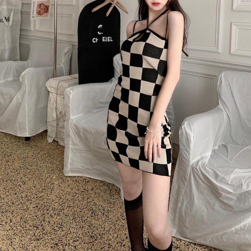 Hot Girl Suspender Dress Three-color Plaid Water Drop Collar Skirt Women -Dress- Melted Glam LLC
