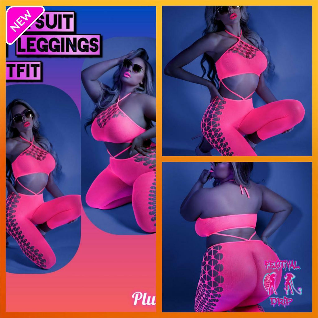 Glow Black Light Cropped Cutout Halter Bodysuit -Bodystocking- Melted Glam LLC