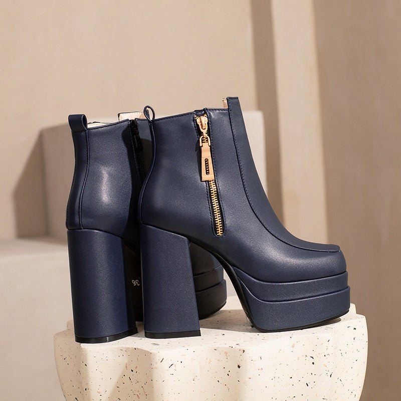 Women's Square Toe Chunky Heel Ankle Boots - Waterproof Platform Side Zipper Boots -Women's Shoes- Melted Glam LLC