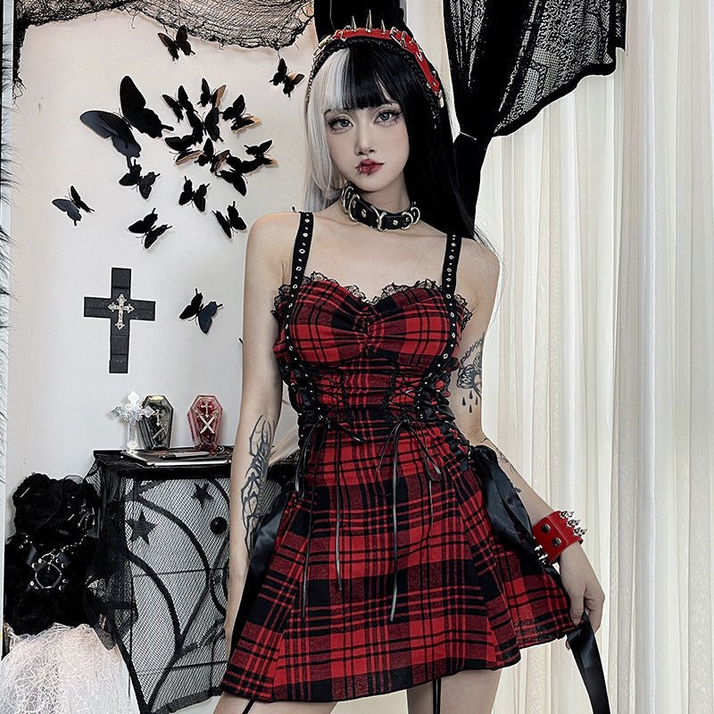 Dark Red Plaid Hot Girl Sling Design Sense Dress -Dress- Melted Glam LLC