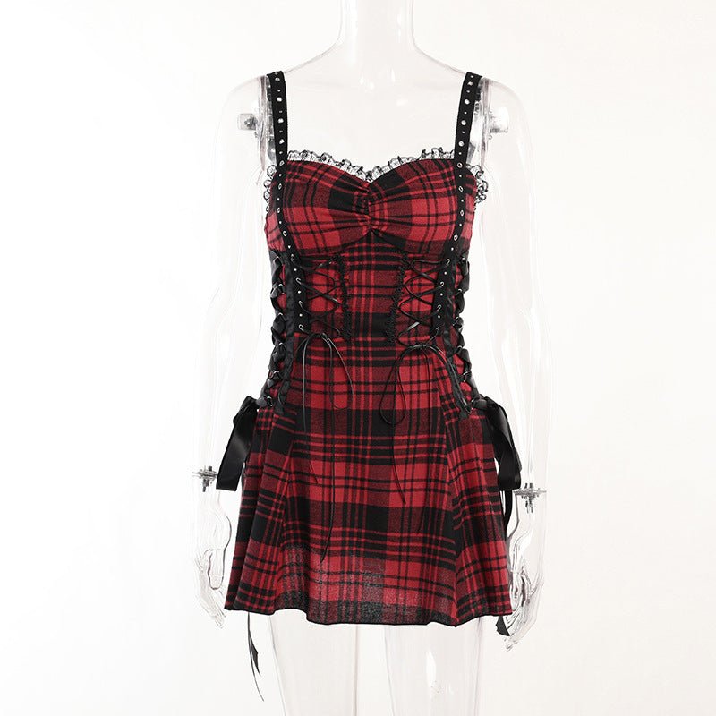 Dark Red Plaid Hot Girl Sling Design Sense Dress -Dress- Melted Glam LLC