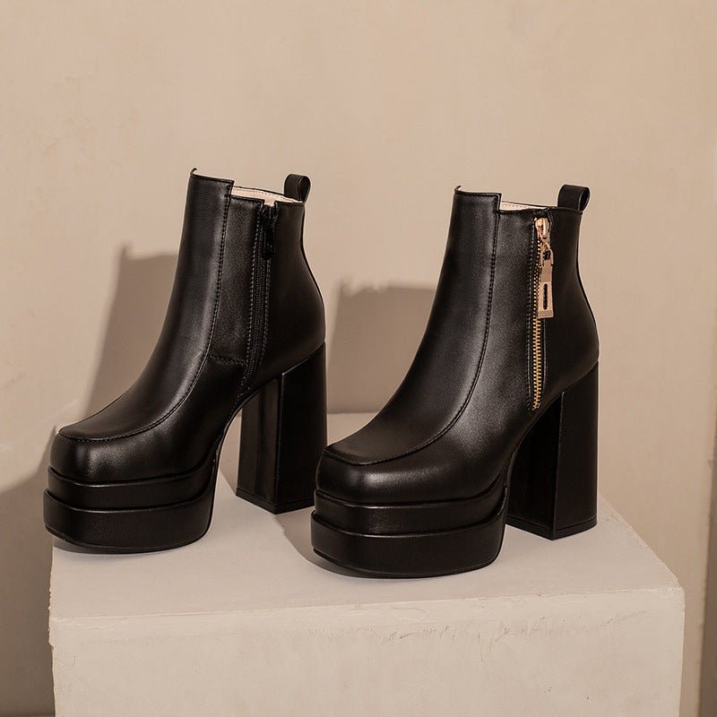 Women's Square Toe Chunky Heel Ankle Boots - Waterproof Platform Side Zipper Boots -Women's Shoes- Melted Glam LLC