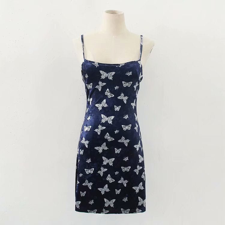 Street Girl Butterfly Print Retro Velvet Slim Suspender Dress Skirt -Dress- Melted Glam LLC