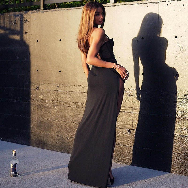 Back Mesh Pierced Air Quality Temperament Slit Dress -Dress- Melted Glam LLC