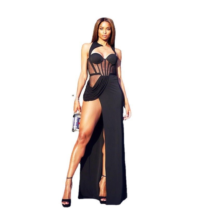 Back Mesh Pierced Air Quality Temperament Slit Dress -Dress- Melted Glam LLC