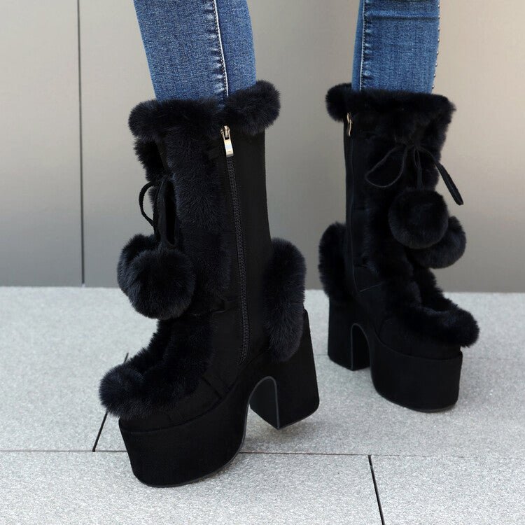 Women's Mid-Calf Chunky Heel Furry Boots – Suede Platform Winter Boots -Women's Shoes- Melted Glam LLC