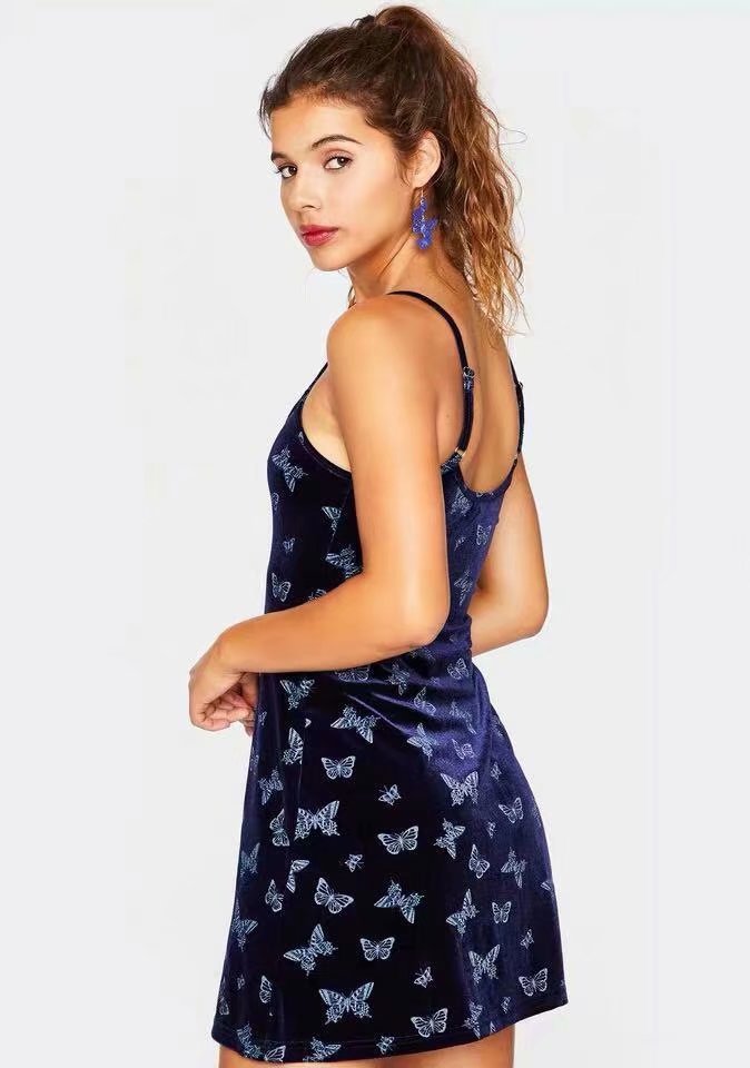Street Girl Butterfly Print Retro Velvet Slim Suspender Dress Skirt -Dress- Melted Glam LLC