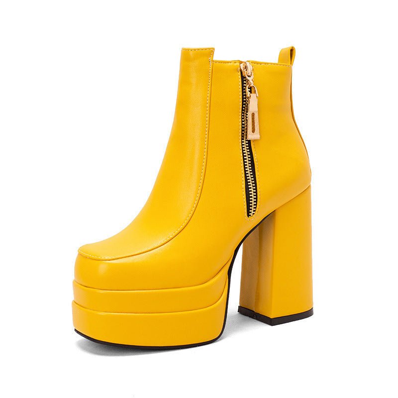 Women's Square Toe Chunky Heel Ankle Boots - Waterproof Platform Side Zipper Boots -Women's Shoes- Melted Glam LLC