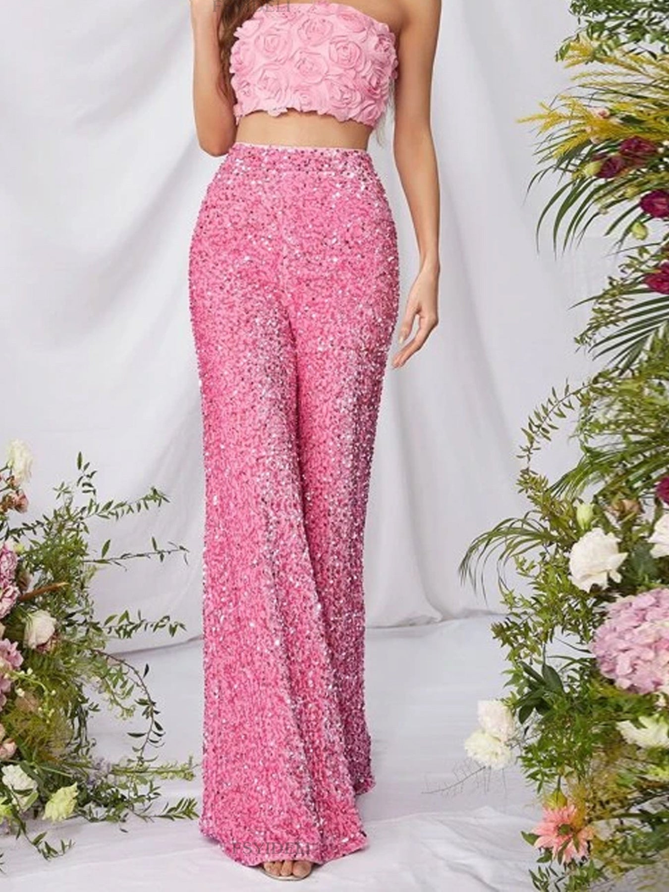 Sequin Embellished Wide Leg Pants -Pants- Melted Glam LLC