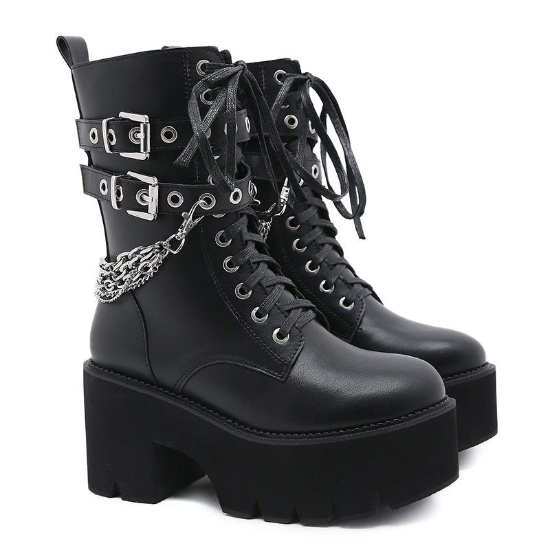 Women's Chunky Heel Platform Boots Side Zip Rivet Belt Buckle Mid-Calf Boots -Women's Shoes- Melted Glam LLC