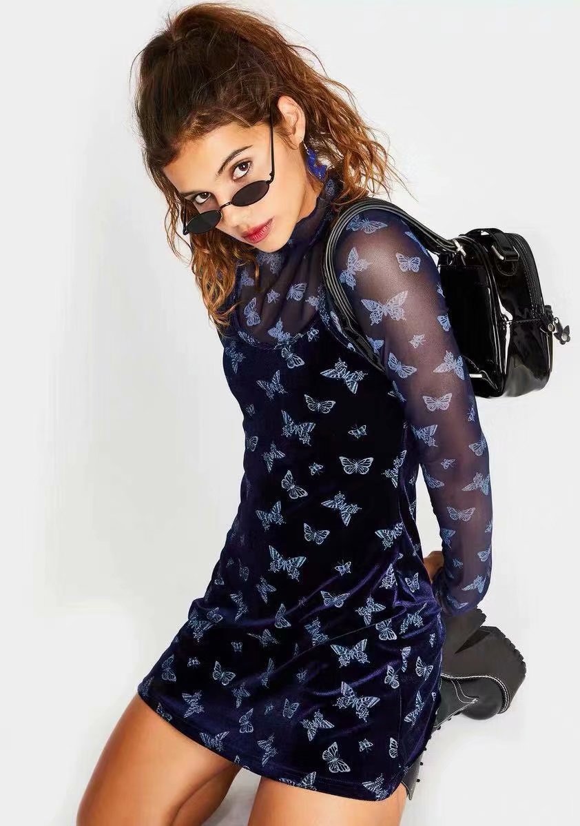 Street Girl Butterfly Print Retro Velvet Slim Suspender Dress Skirt -Dress- Melted Glam LLC