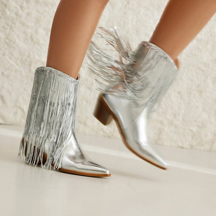 Women's Sequin Tassel Ankle Boots – Pointed Toe Chunky Heel Slip-On Party Boots -Women's Shoes- Melted Glam LLC