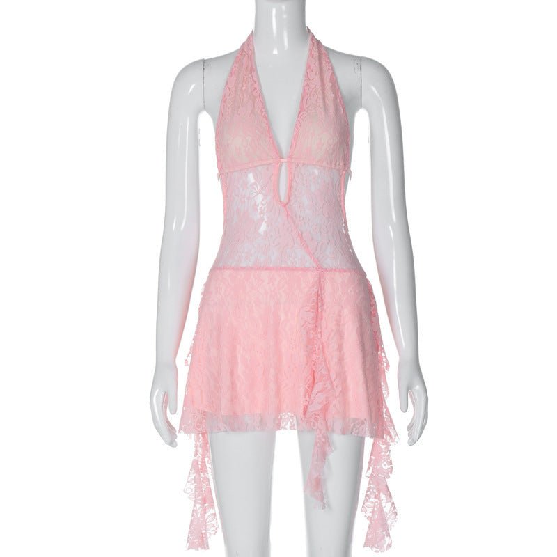 Short Stitching Ribbon Halter Lace Hollow-out Deep V-neck Backless Hot Girl Dress -Dress- Melted Glam LLC