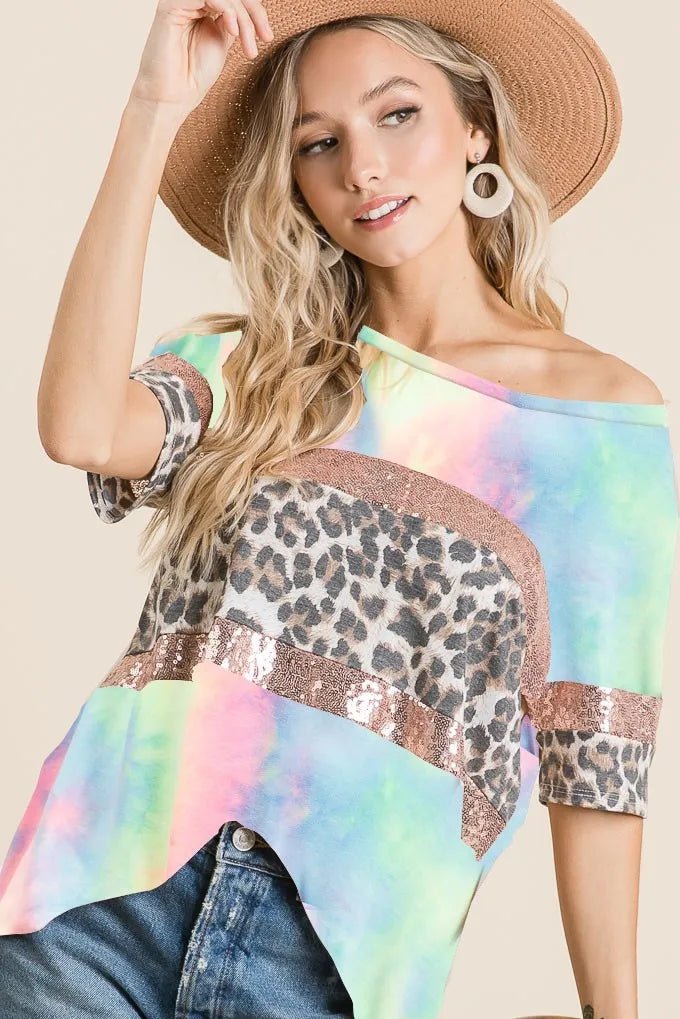 BiBi Tie Dye Terry Top with Leopard and Sequins Block -T-Shirt- Melted Glam LLC