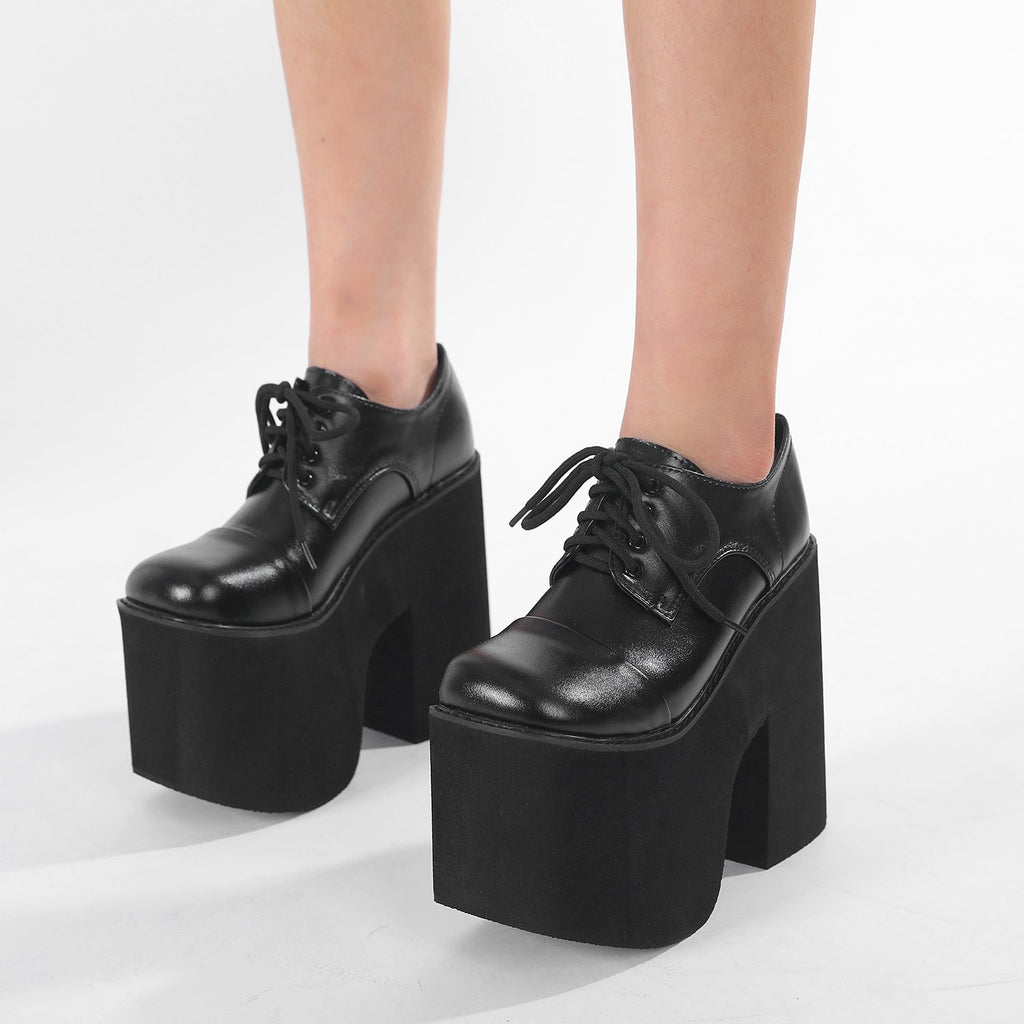 Women's Round-Toe Waterproof Platform Chunky-Heel Lace-Up Shoes | Black PU Leather -Women's Shoes- Melted Glam LLC