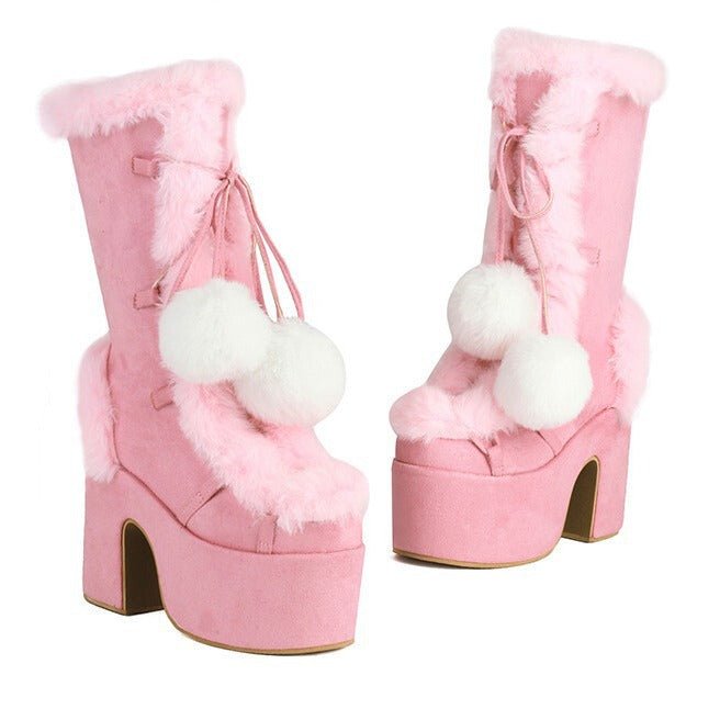 Women's Mid-Calf Chunky Heel Furry Boots – Suede Platform Winter Boots -Women's Shoes- Melted Glam LLC