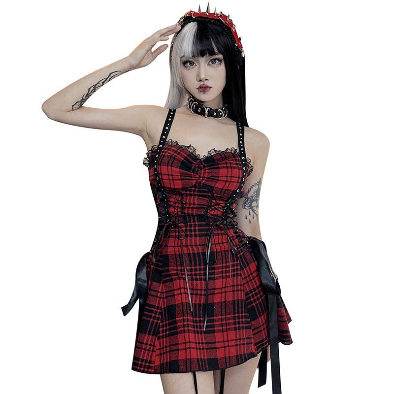 Dark Red Plaid Hot Girl Sling Design Sense Dress -Dress- Melted Glam LLC