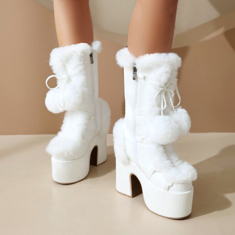 Women's Mid-Calf Chunky Heel Furry Boots – Suede Platform Winter Boots -Women's Shoes- Melted Glam LLC