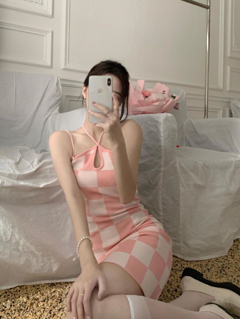 Hot Girl Suspender Dress Three-color Plaid Water Drop Collar Skirt Women -Dress- Melted Glam LLC