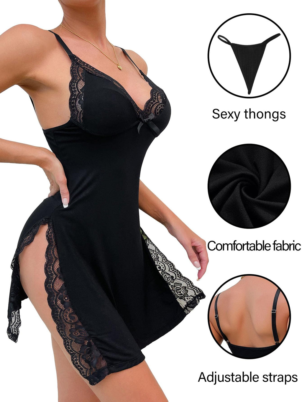 Foxiny Sexy Split Side Floral Lace Trim Full Slip Night Gown Babydoll Lingerie Dress with Thong 2 Piece Women High Slit Cami Nightgown Pajamas Set Nighty Sleep Wear Black Medium -Teddy- Melted Glam LLC