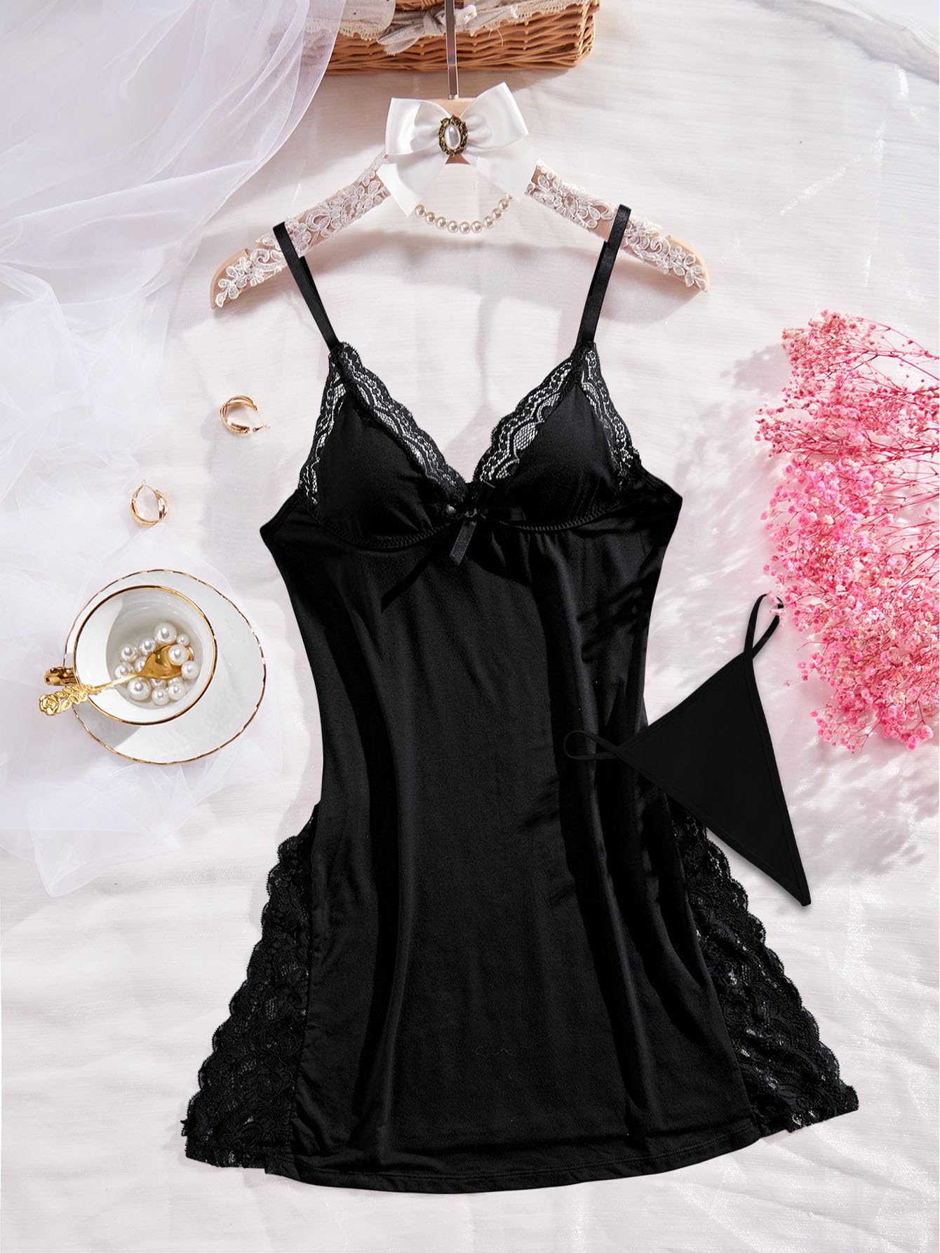 Foxiny Sexy Split Side Floral Lace Trim Full Slip Night Gown Babydoll Lingerie Dress with Thong 2 Piece Women High Slit Cami Nightgown Pajamas Set Nighty Sleep Wear Black Medium -Teddy- Melted Glam LLC
