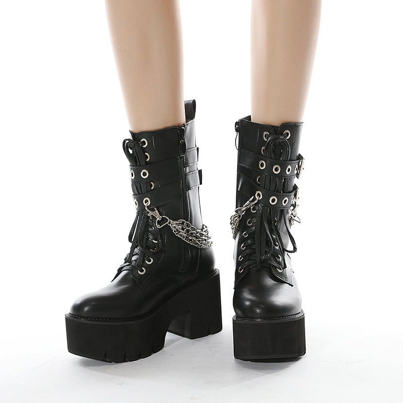 Women's Chunky Heel Platform Boots Side Zip Rivet Belt Buckle Mid-Calf Boots -Women's Shoes- Melted Glam LLC