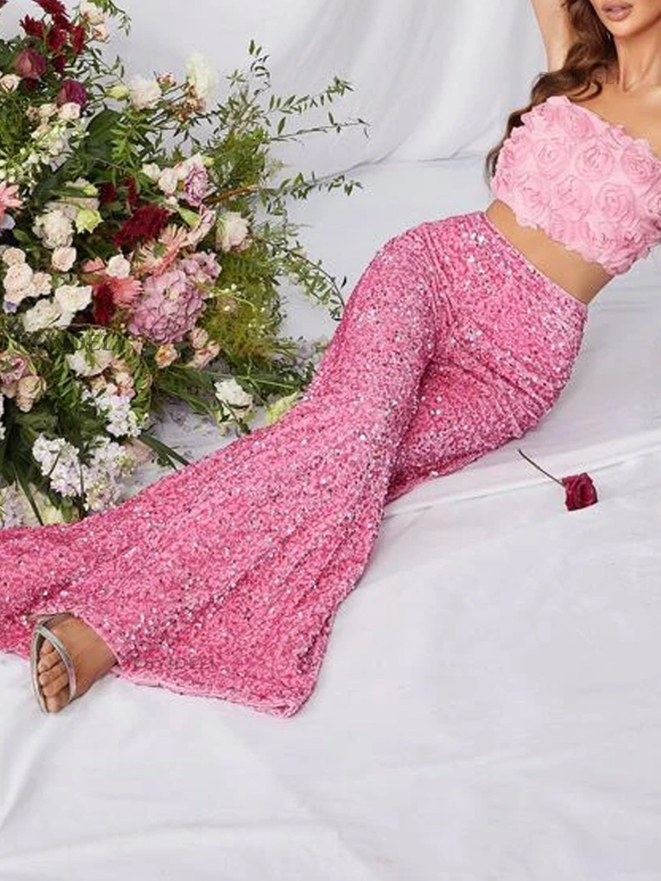 Sequin Embellished Wide Leg Pants -Pants- Melted Glam LLC
