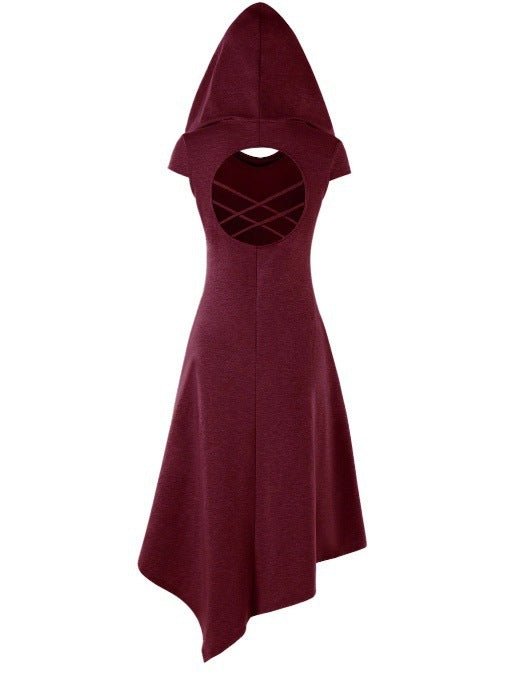 Back Hollow-out Underleg Asymmetric Hooded Midi Dress -Dress- Melted Glam LLC
