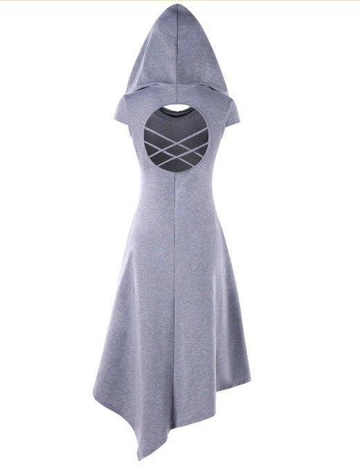 Back Hollow-out Underleg Asymmetric Hooded Midi Dress -Dress- Melted Glam LLC