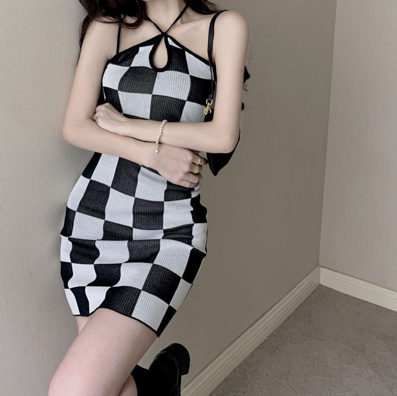 Hot Girl Suspender Dress Three-color Plaid Water Drop Collar Skirt Women -Dress- Melted Glam LLC