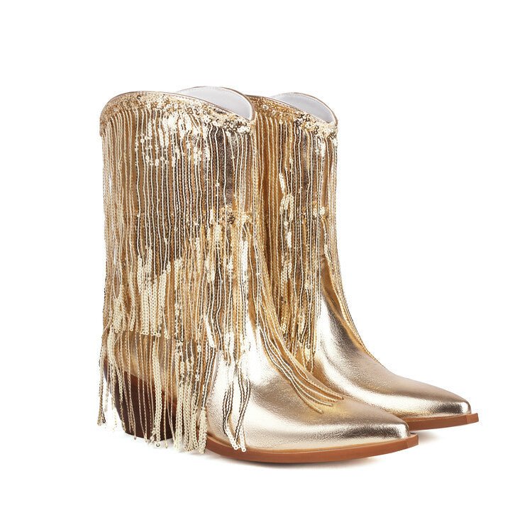 Women's Sequin Tassel Ankle Boots – Pointed Toe Chunky Heel Slip-On Party Boots -Women's Shoes- Melted Glam LLC