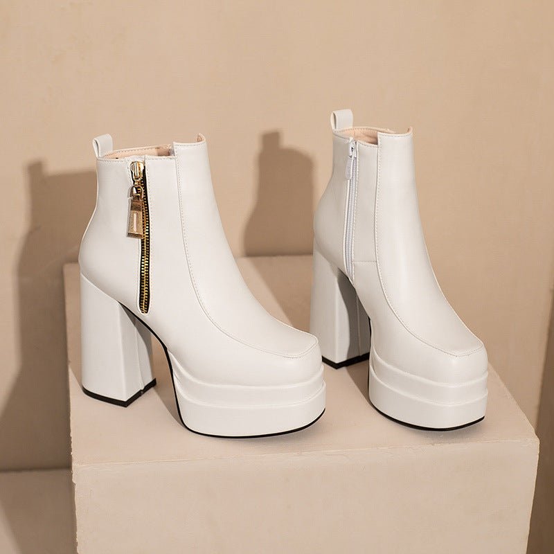 Women's Square Toe Chunky Heel Ankle Boots - Waterproof Platform Side Zipper Boots -Women's Shoes- Melted Glam LLC