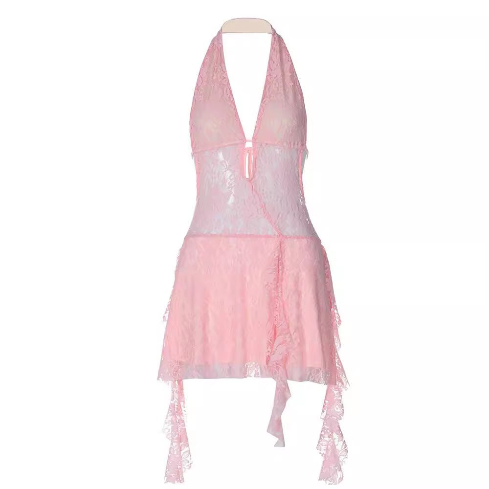 Short Stitching Ribbon Halter Lace Hollow-out Deep V-neck Backless Hot Girl Dress -Dress- Melted Glam LLC