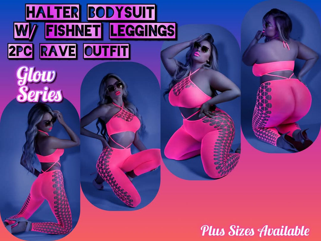Glow Black Light Cropped Cutout Halter Bodysuit -Bodystocking- Melted Glam LLC