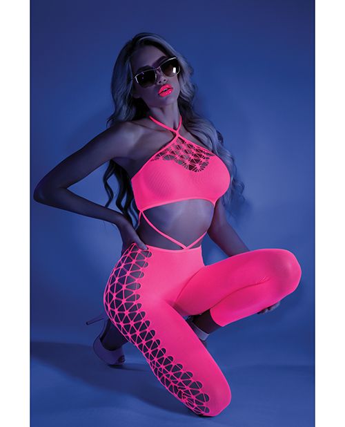Glow Black Light Cropped Cutout Halter Bodysuit -Bodystocking- Melted Glam LLC
