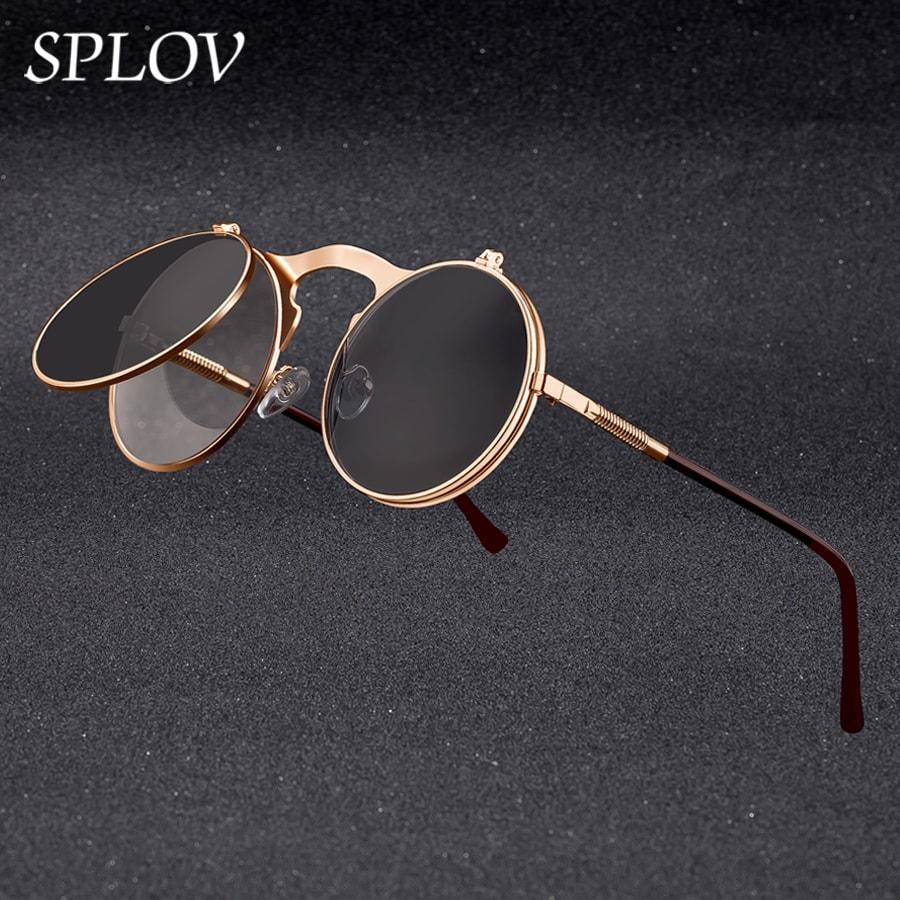 Luxury Retro Vintage Steampunk Flip Retro Round Metal Frame Sunglasses for Men and Women Brand Designer Circle Glasses Oculos Leon sunglasses -STS9NC17061VOFP- Melted Glam LLC