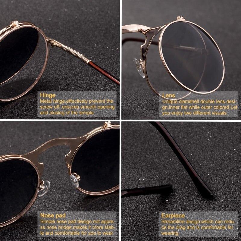 Luxury Retro Vintage Steampunk Flip Retro Round Metal Frame Sunglasses for Men and Women Brand Designer Circle Glasses Oculos Leon sunglasses -STS9NC17061VOFP- Melted Glam LLC