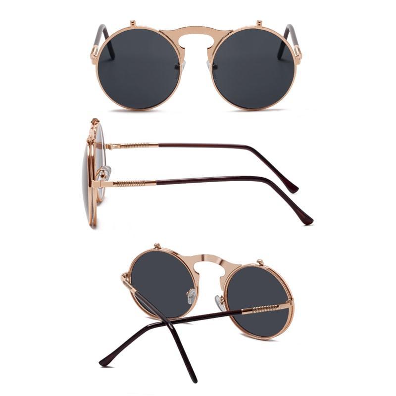Luxury Retro Vintage Steampunk Flip Retro Round Metal Frame Sunglasses for Men and Women Brand Designer Circle Glasses Oculos Leon sunglasses -STS9NC17061VOFP- Melted Glam LLC